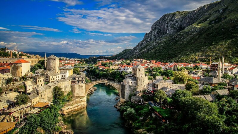 Stari Most Bridge — Blue, Serene, Afternoon, Photograph, River, Town, Mountain