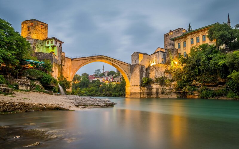 Stari Most Bridge — Blue, Serene, Sunset, Photograph