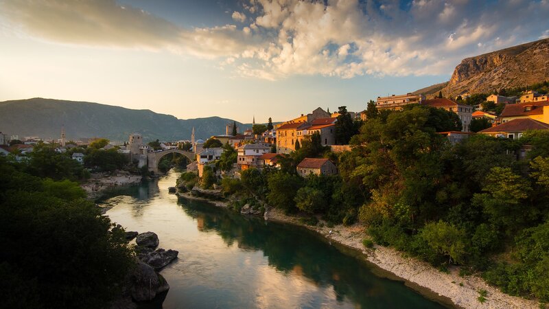 Stari Most Bridge — Green, Serene, Sunset