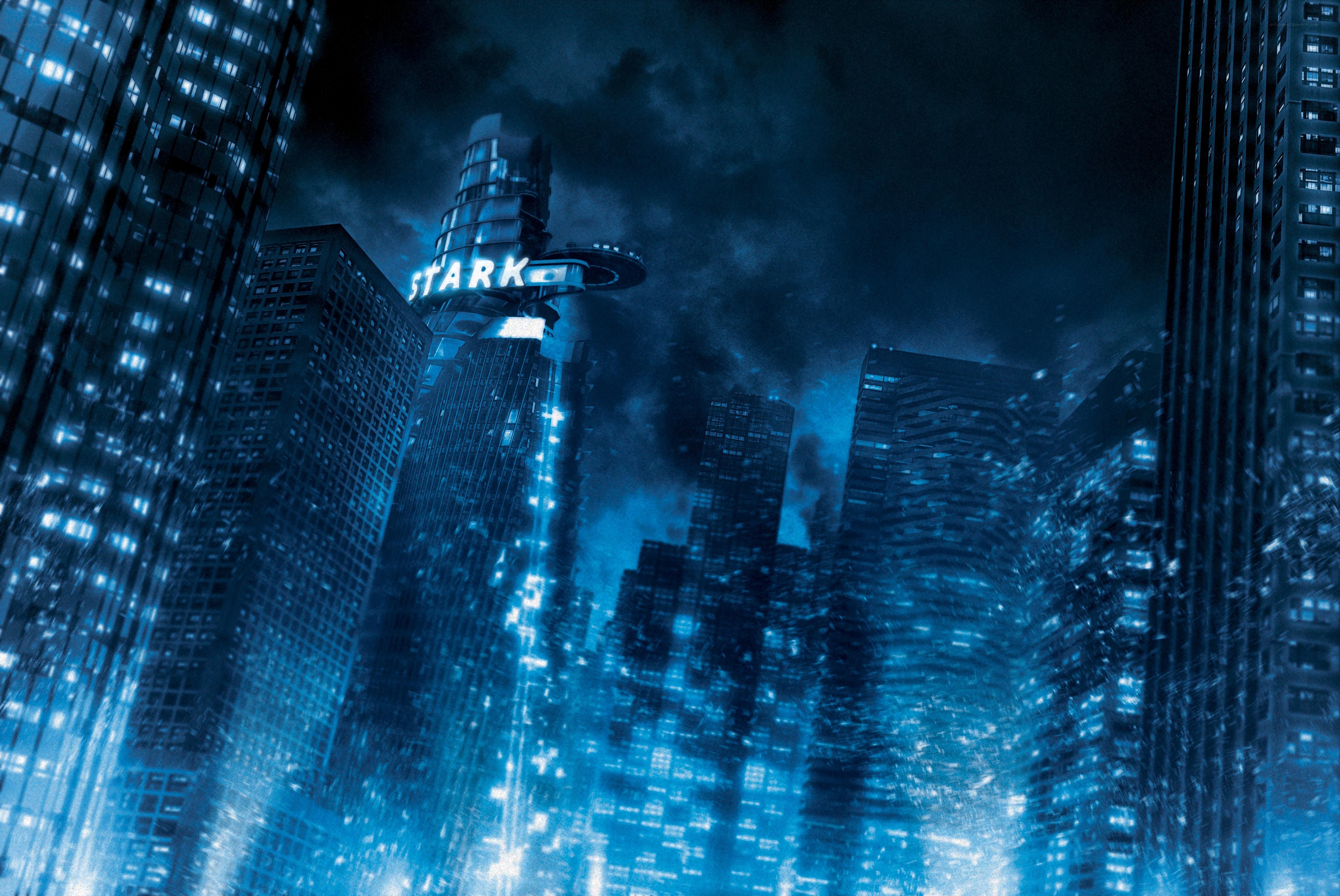 Stark Tower at night