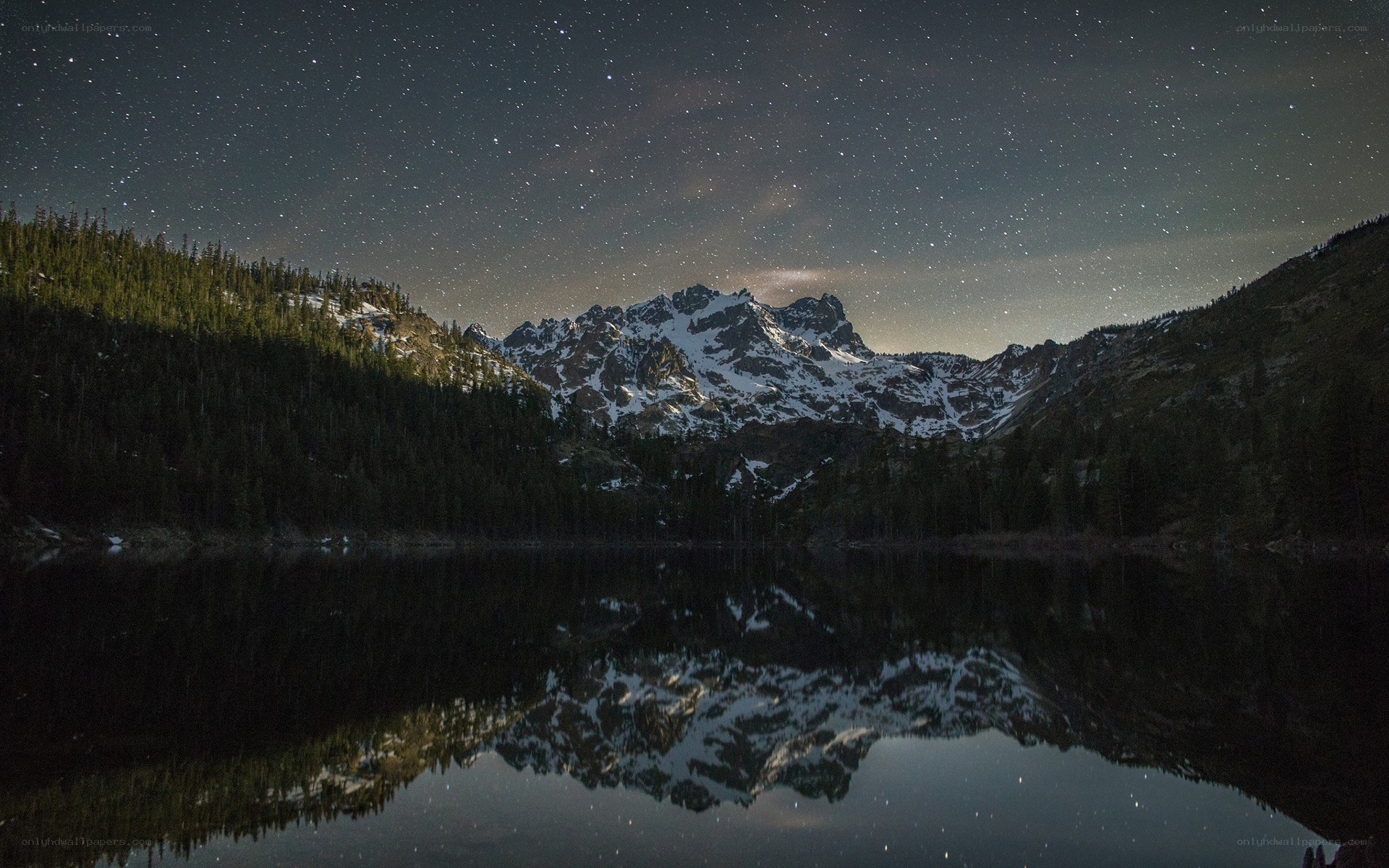 Starlit mountain lake reflection