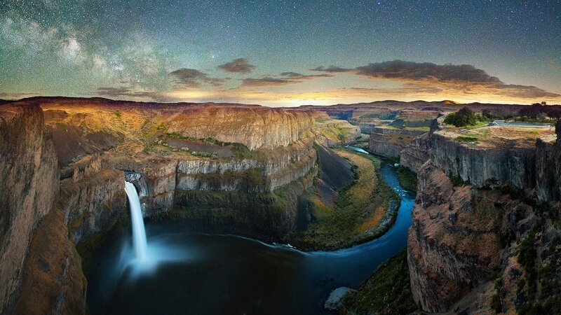Starlit waterfall canyon