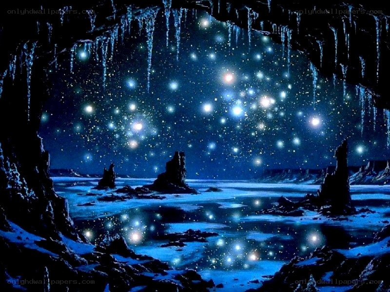 Starry cave with icy landscape
