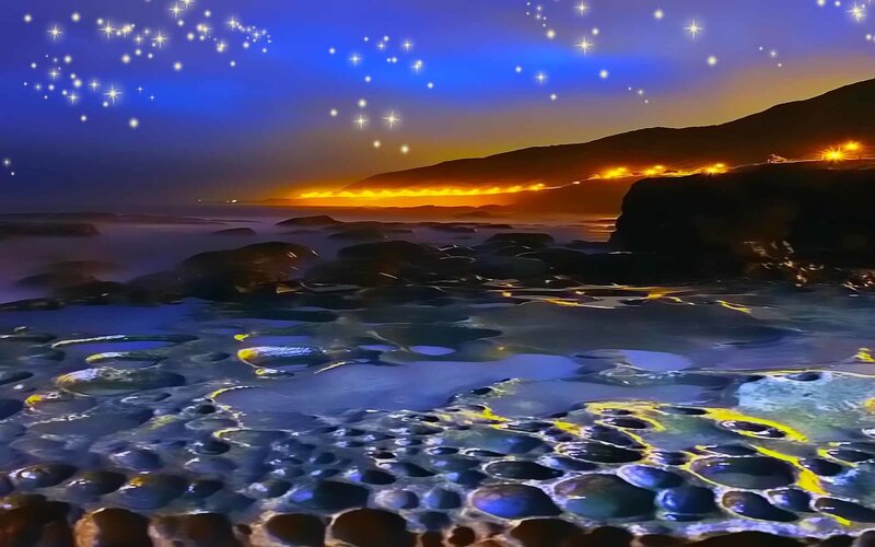 Starry night coastal landscape