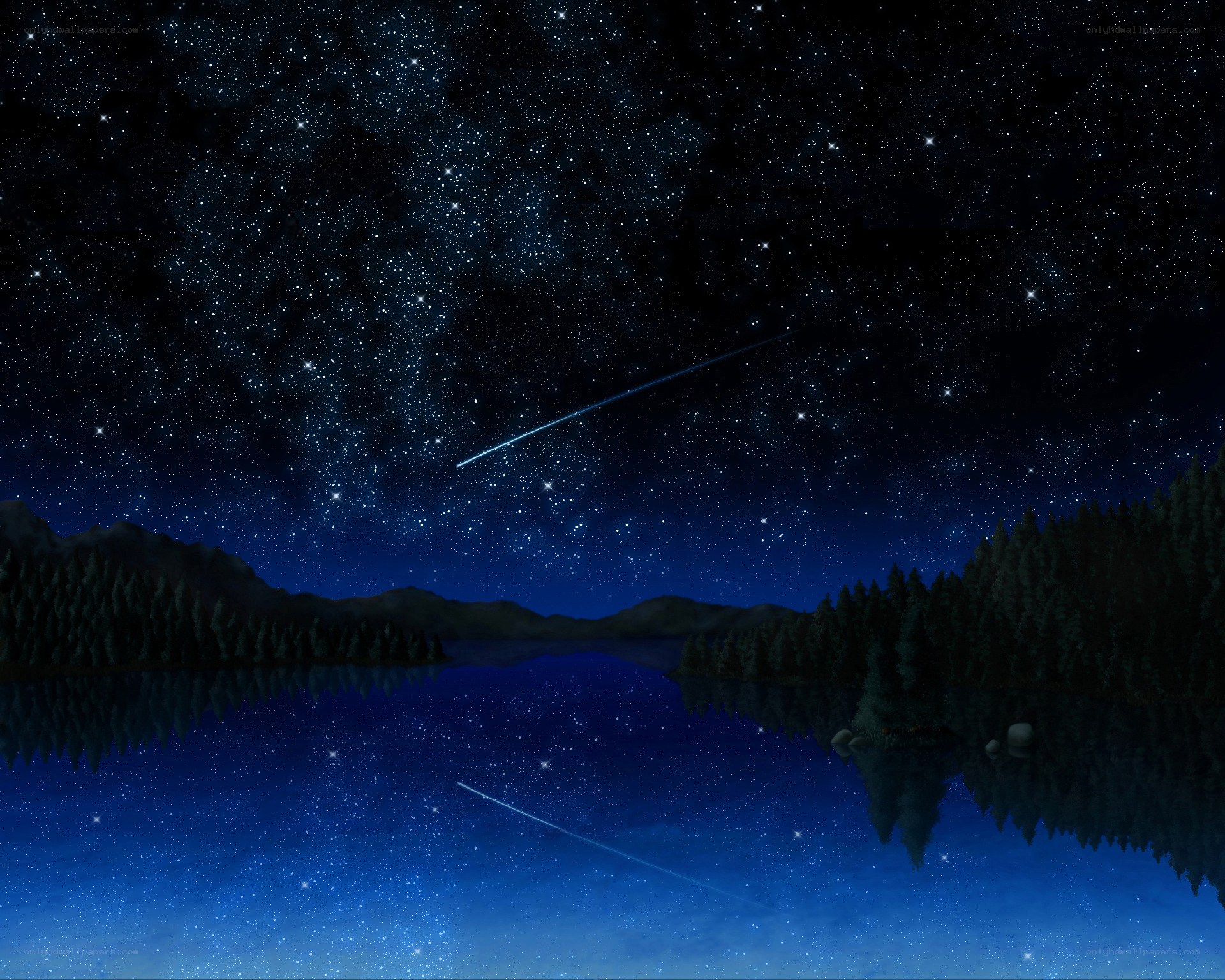 Starry night over a calm lake