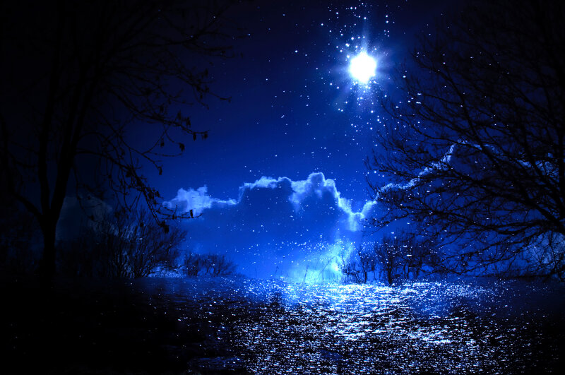 Starry night over a glowing lake