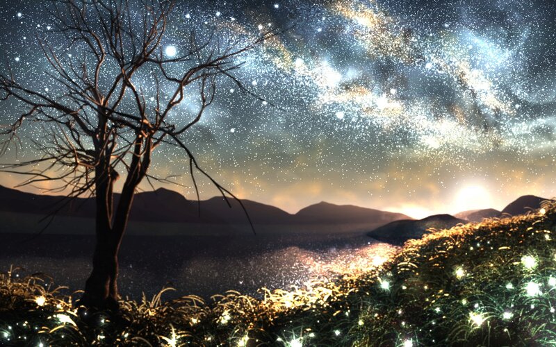Starry night over a glowing landscape