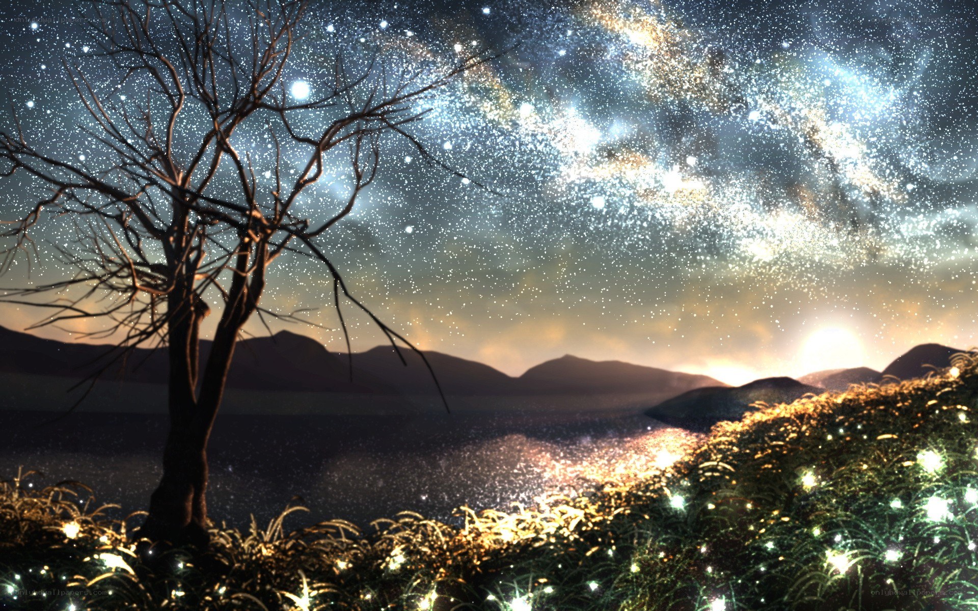Starry night over a glowing landscape