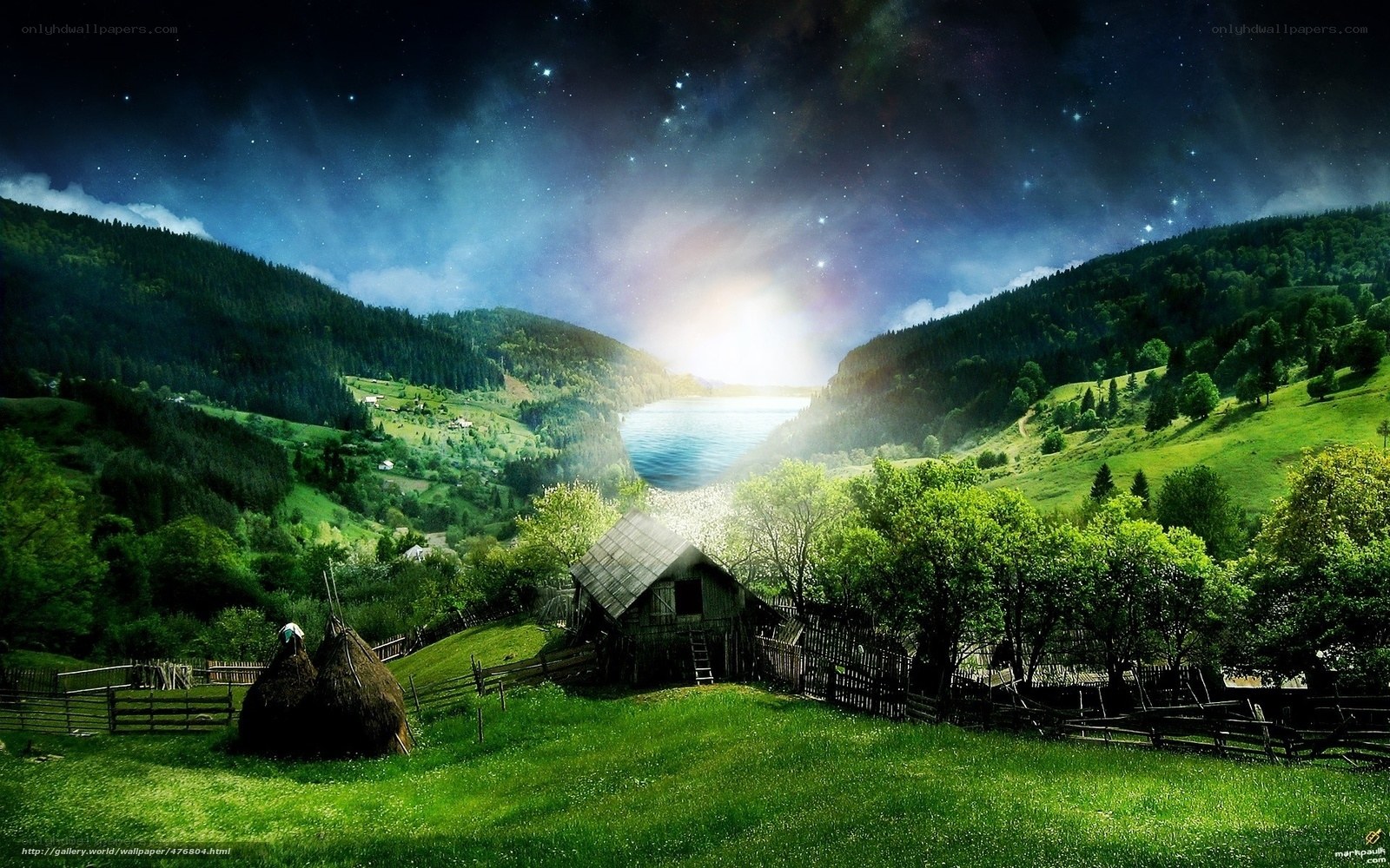 Starry night over a green valley