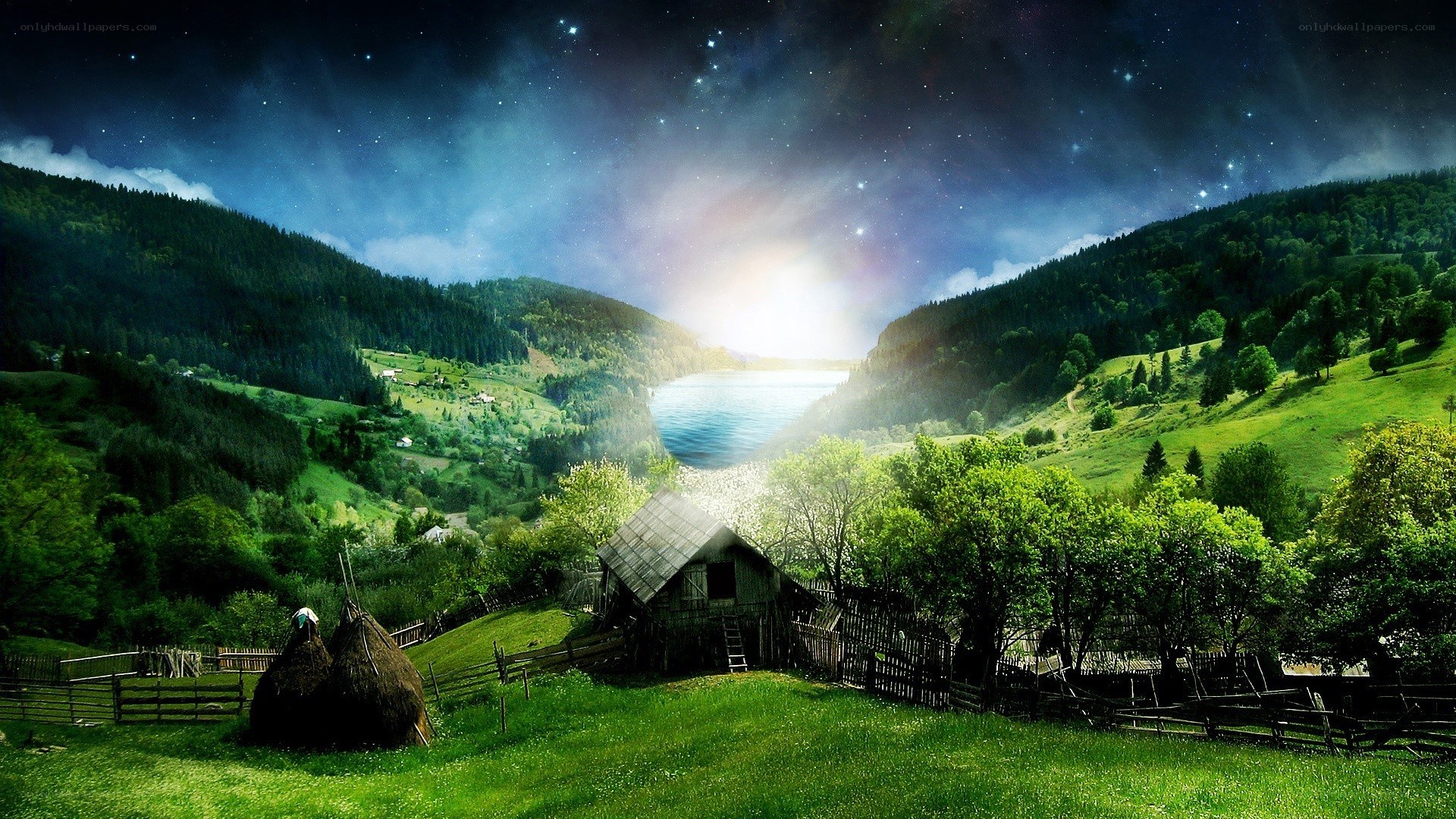 Starry night over a mountain valley
