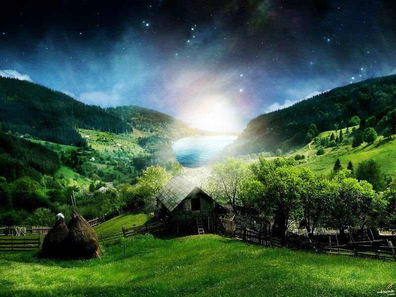 Starry night over a mountain valley