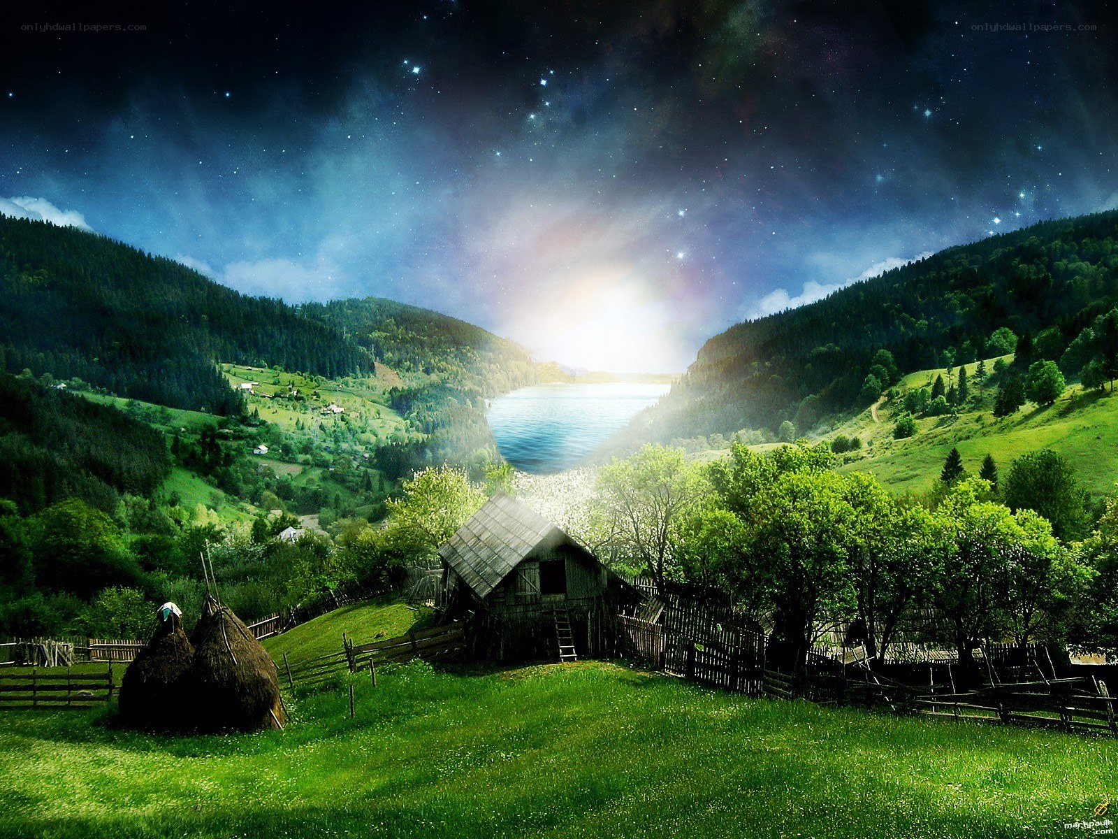 Starry night over a mountain valley