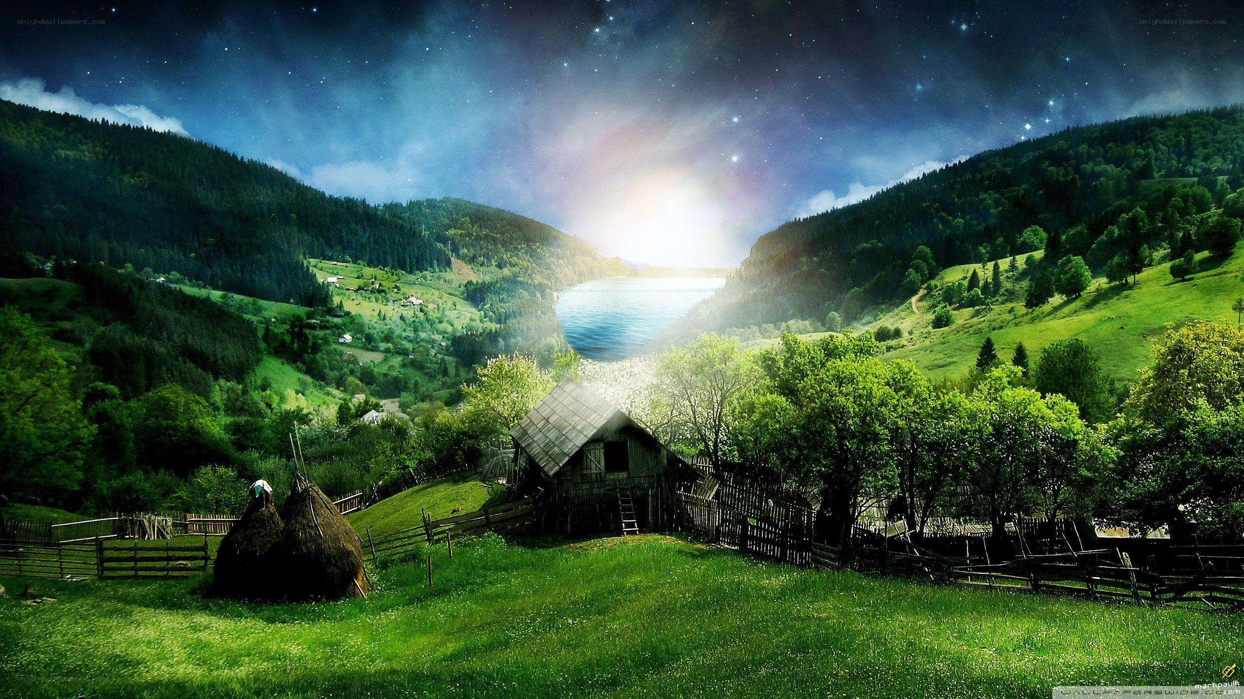 Starry night over a mountain valley