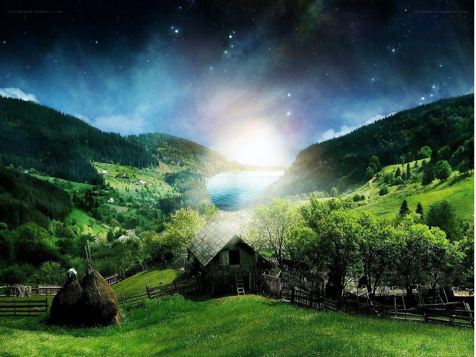 Starry night over a mountain valley