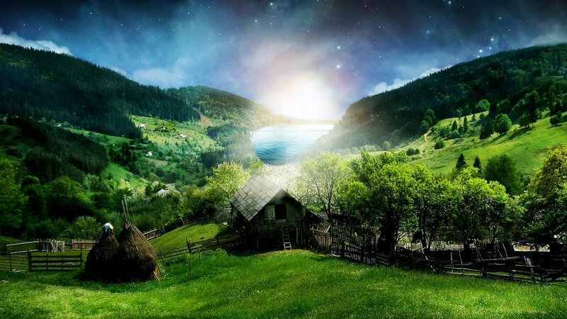 Starry night over a mountain valley