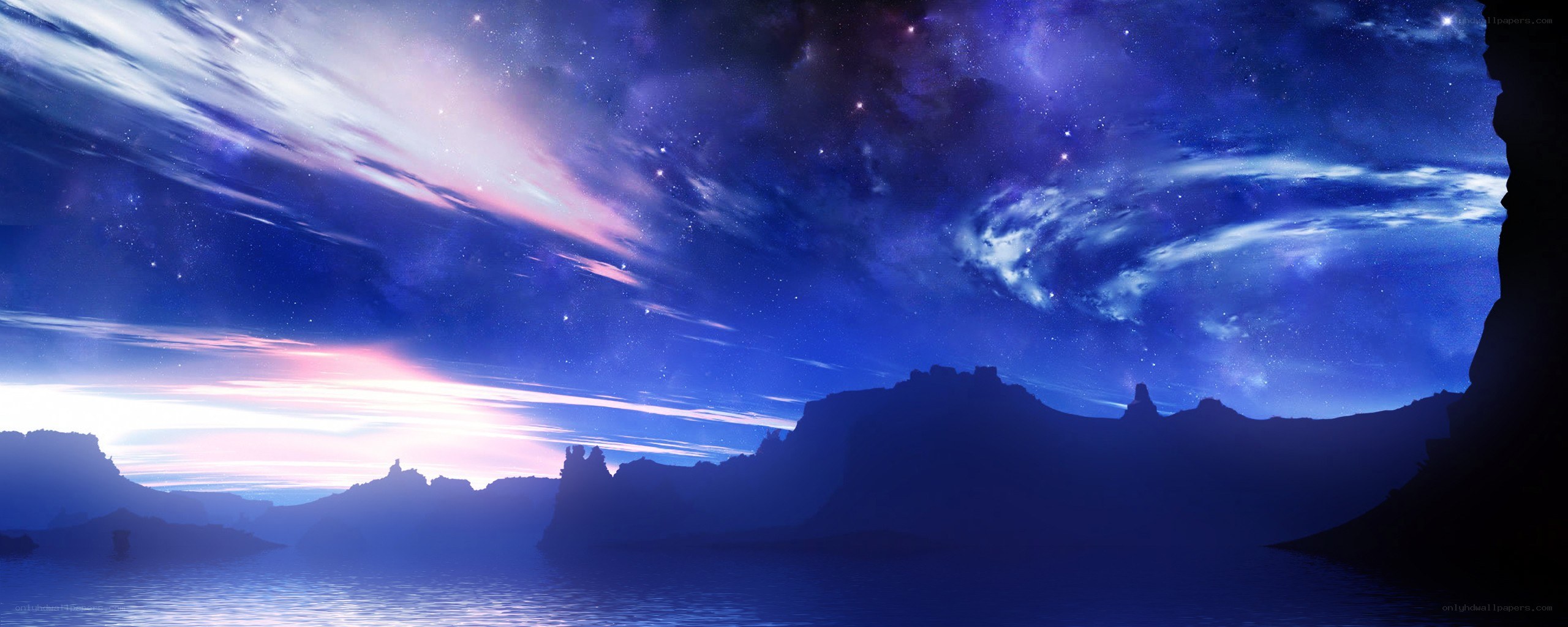 Starry night over a rocky shore