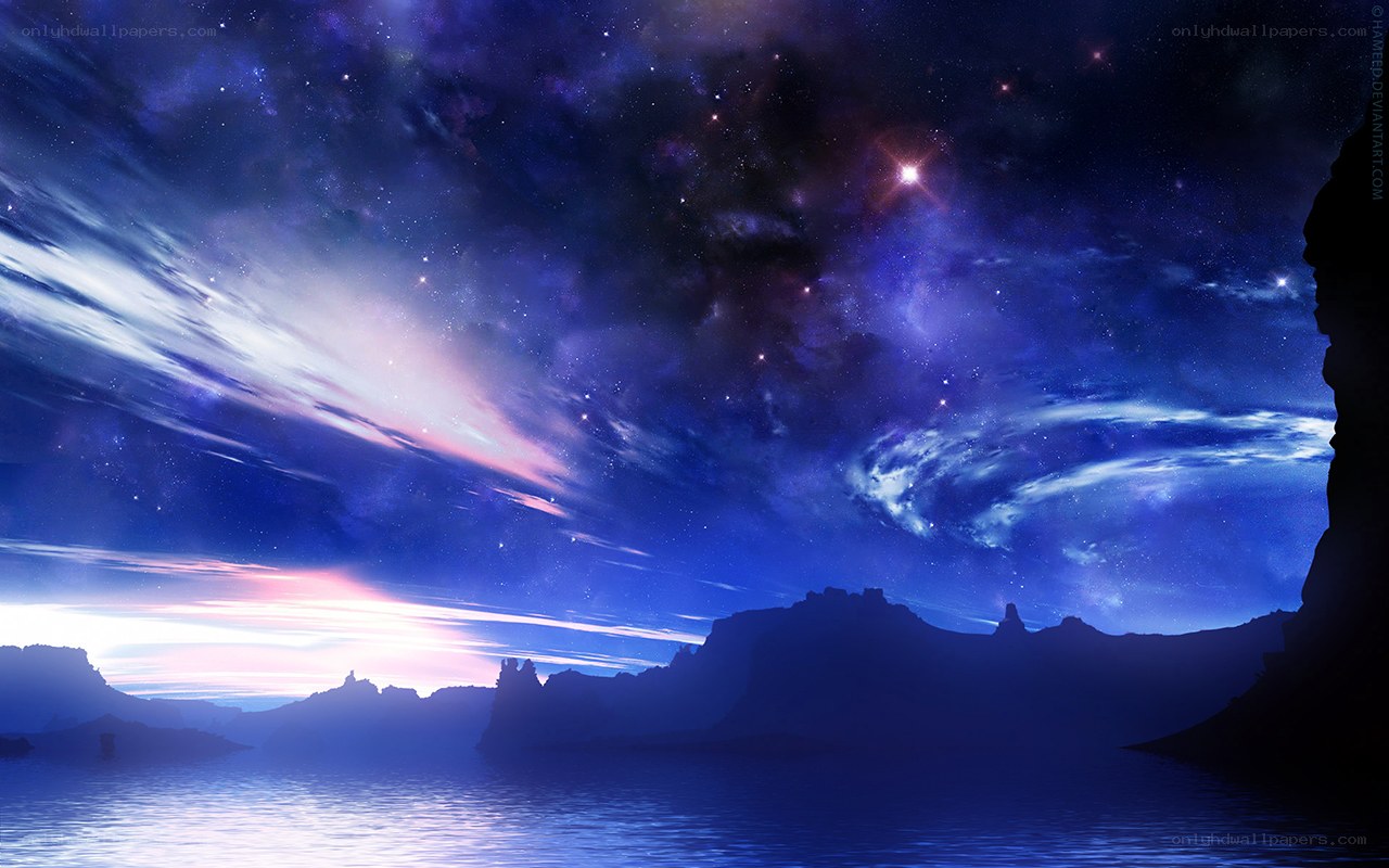 Starry night over alien landscape