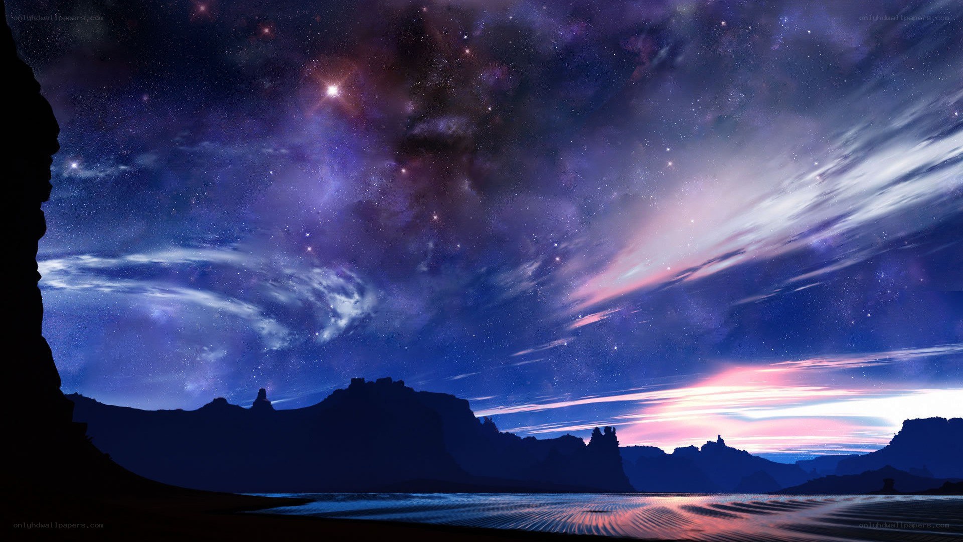 Starry night over alien landscape