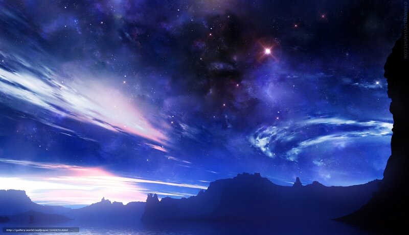 Starry night over alien landscape