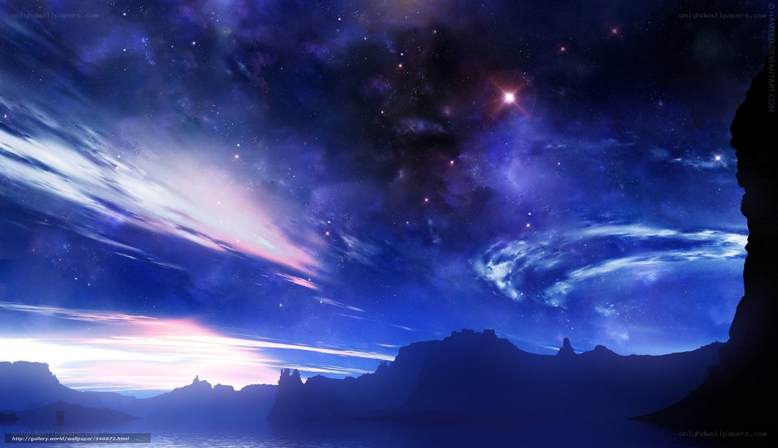Starry night over alien landscape