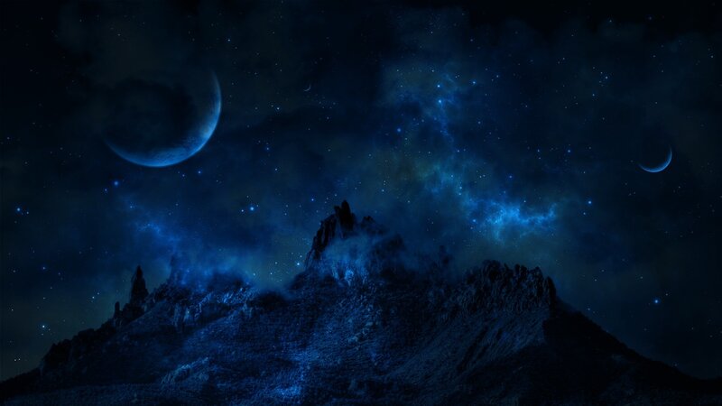 Starry night over alien mountains