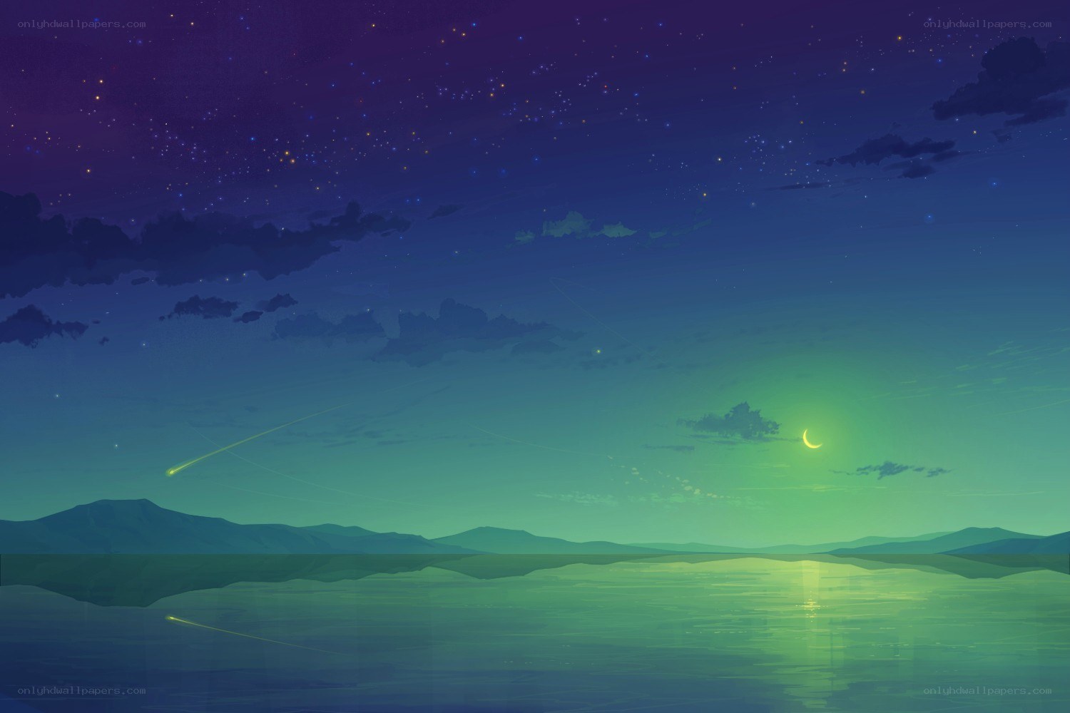 Starry night over calm lake