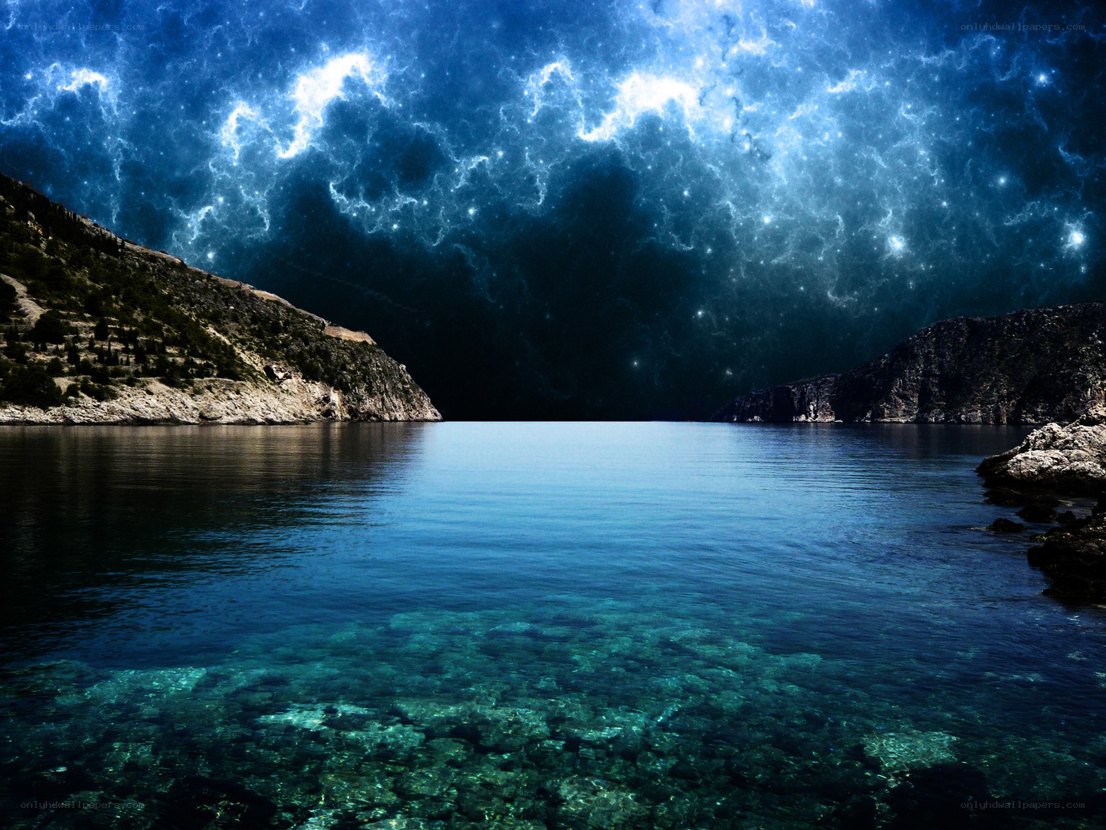 Starry night over calm sea