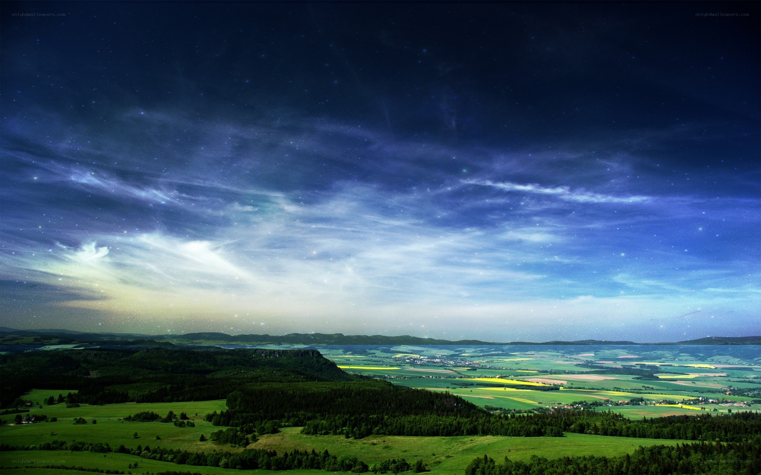 Starry night over green fields