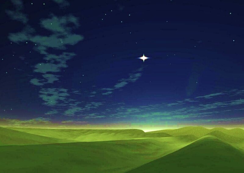 Starry night over green hills