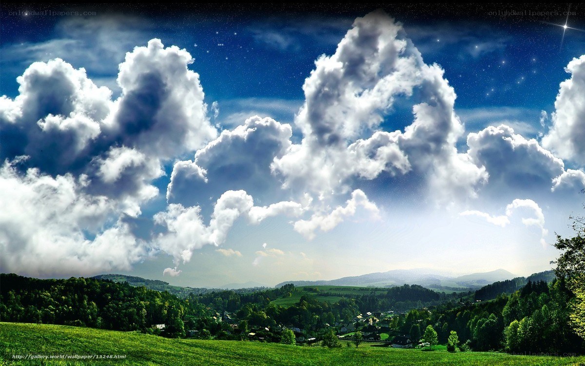 Starry night over green hills