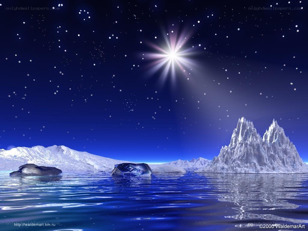 Starry night over icy landscape
