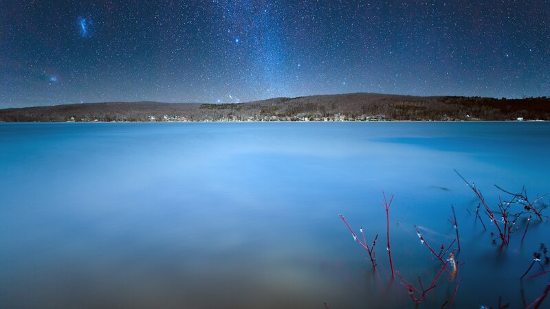 Starry Night over Lake — Blue, Serene, Photograph, Stars, Trees