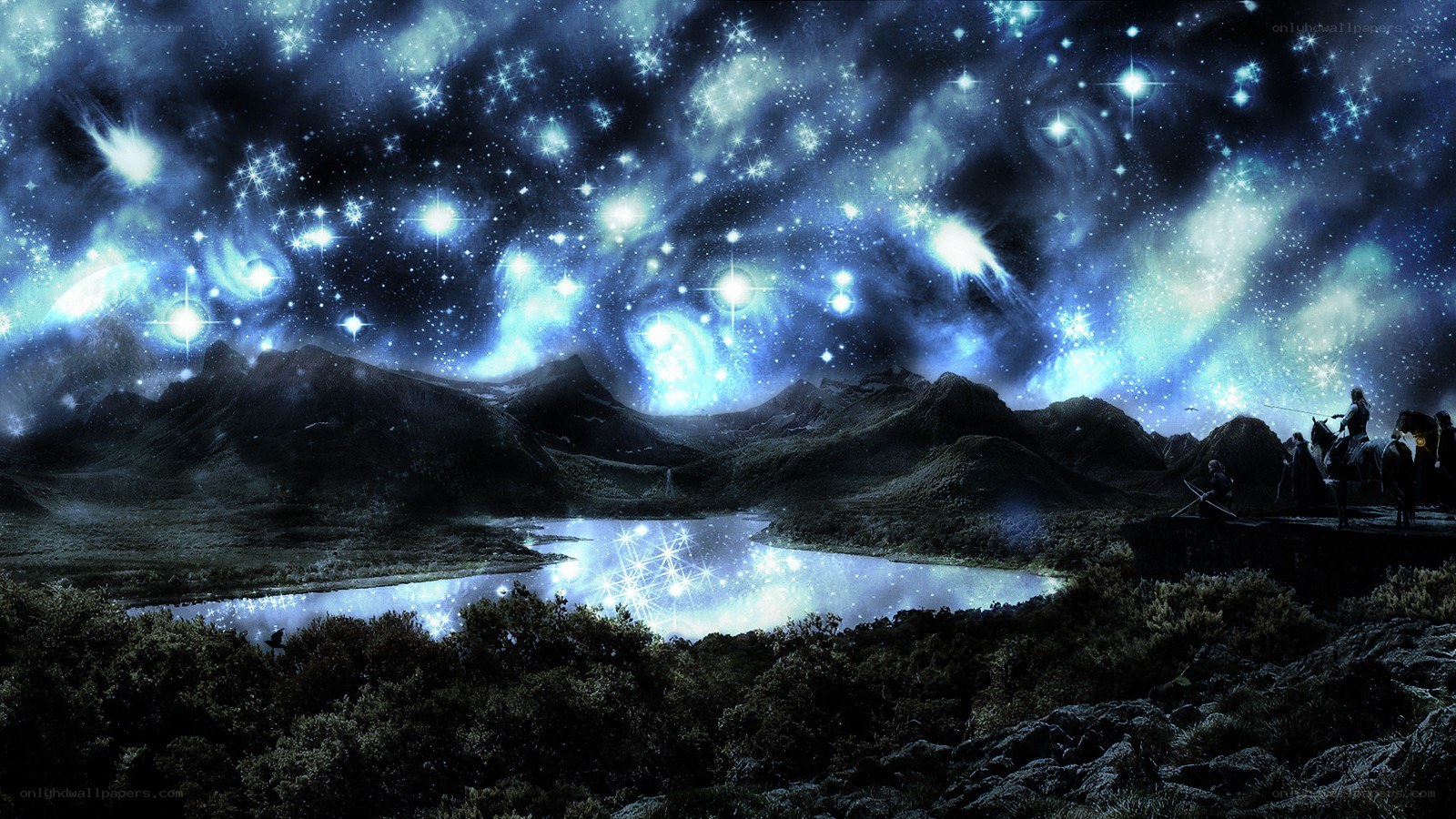 Starry night over mountain lake