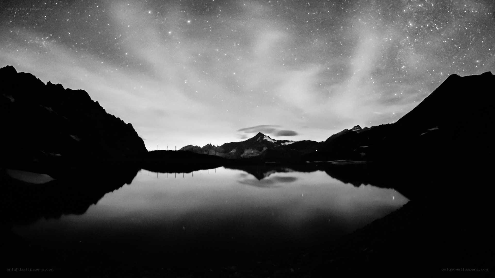 Starry night over mountain lake