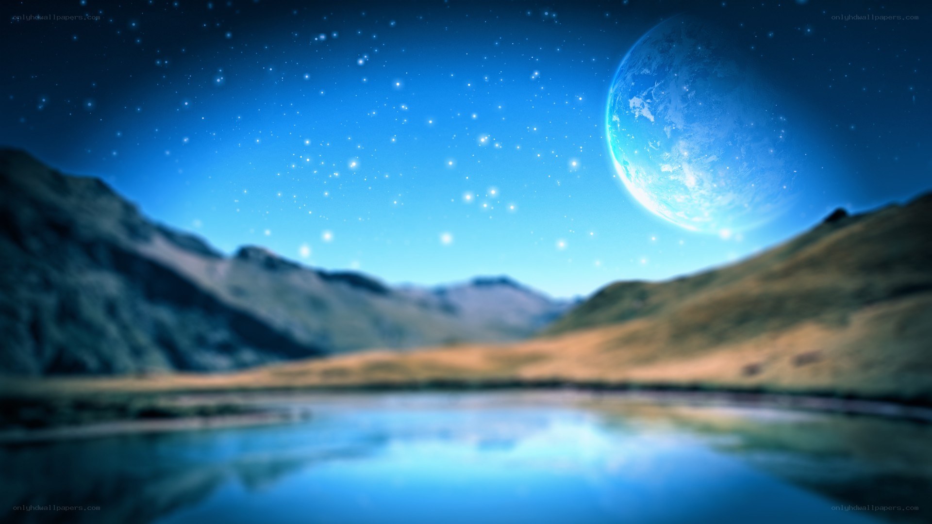 Starry night over mountain lake