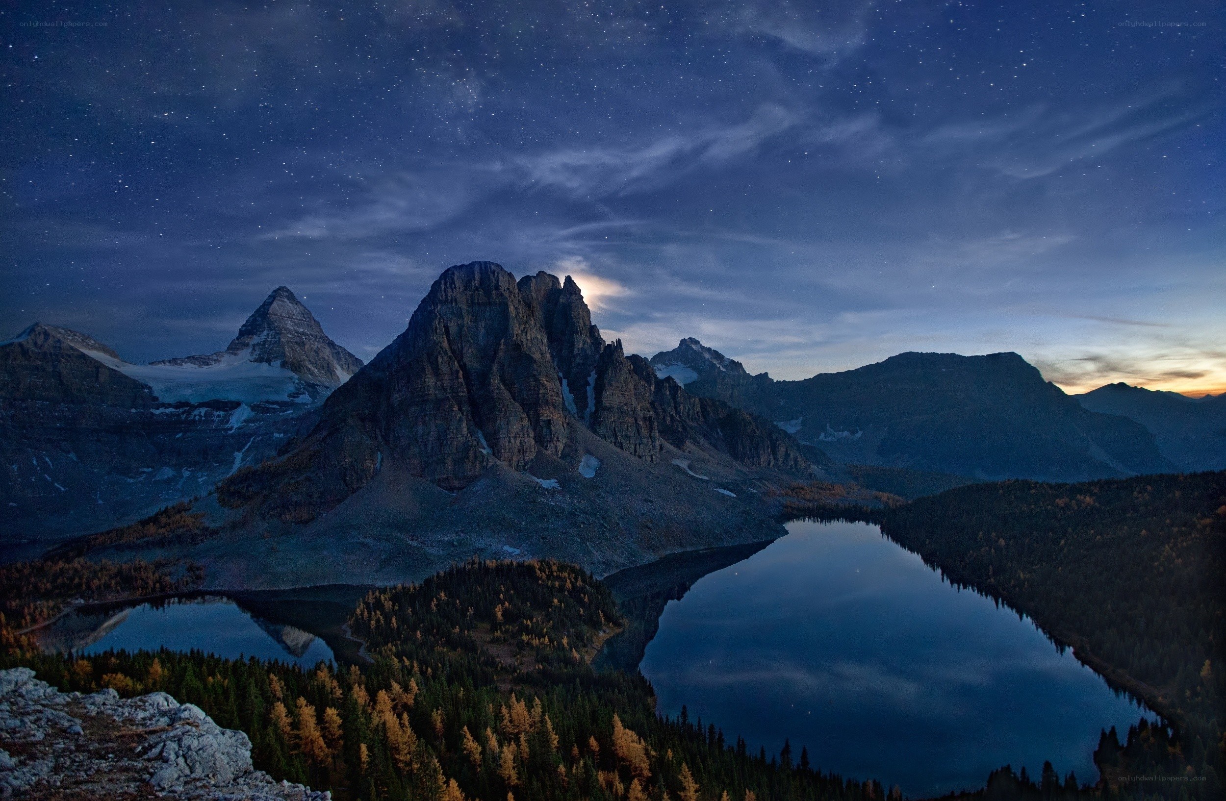 Starry night over mountain lake