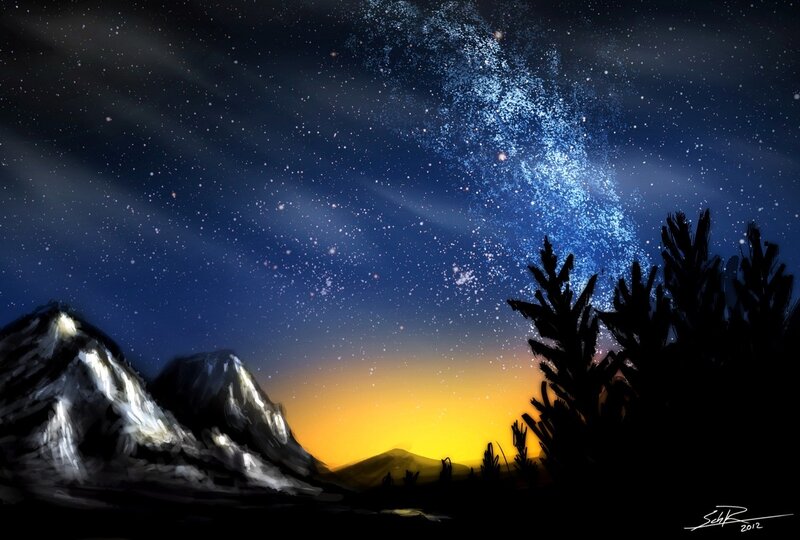 Starry night over mountains