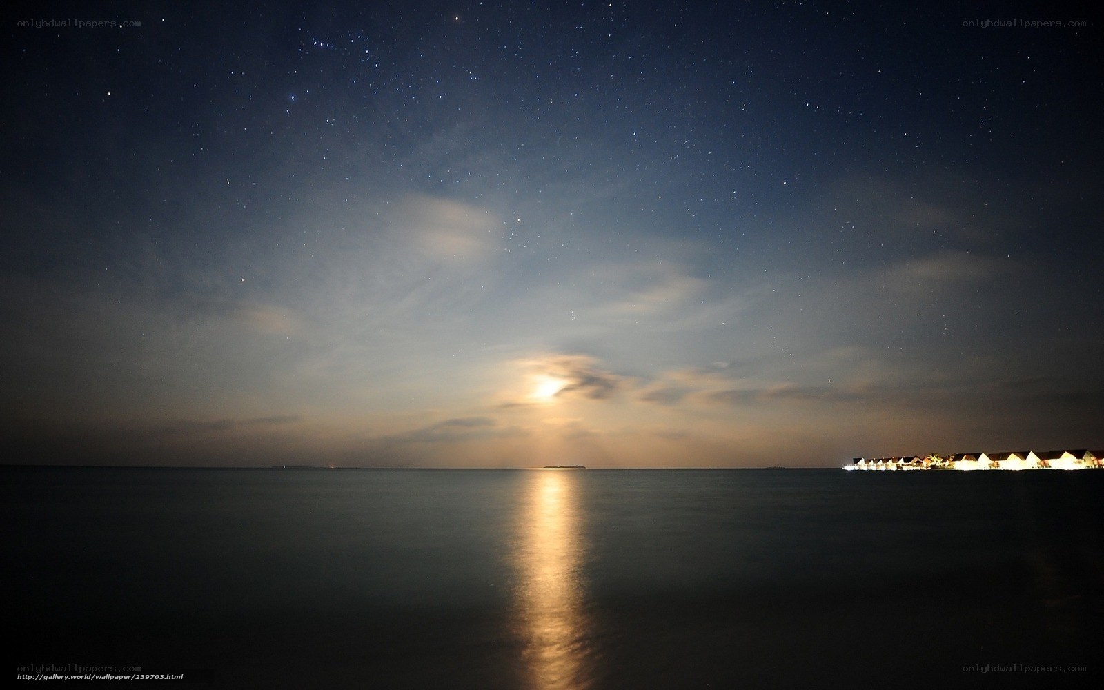 Starry night over ocean resort