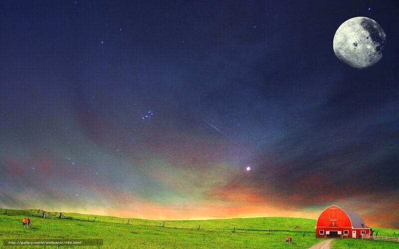 Starry night over red barn