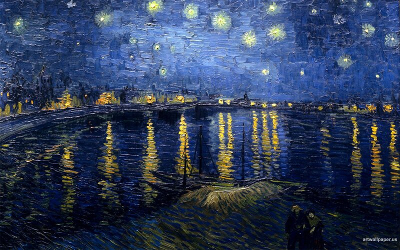 Starry Night over River — Blue, Dramatic, Painting