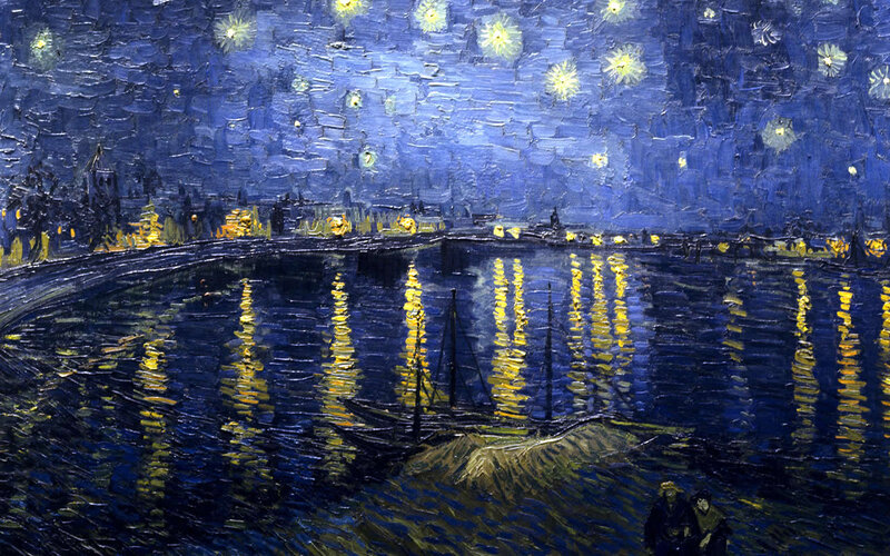Starry Night over River — Blue, Dramatic, Painting, Town