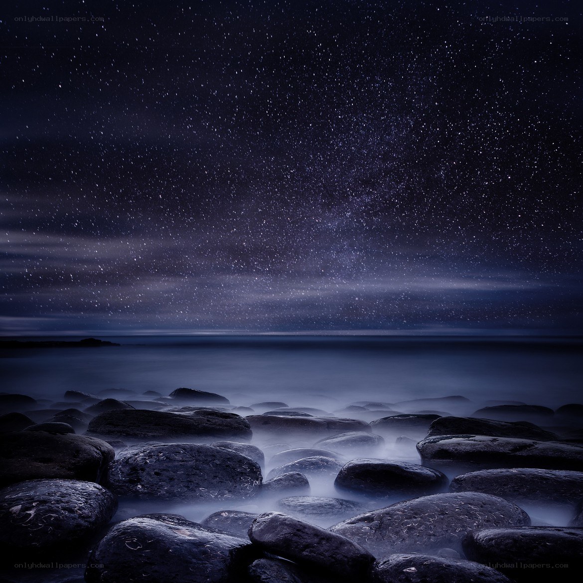 Starry night over rocky shore