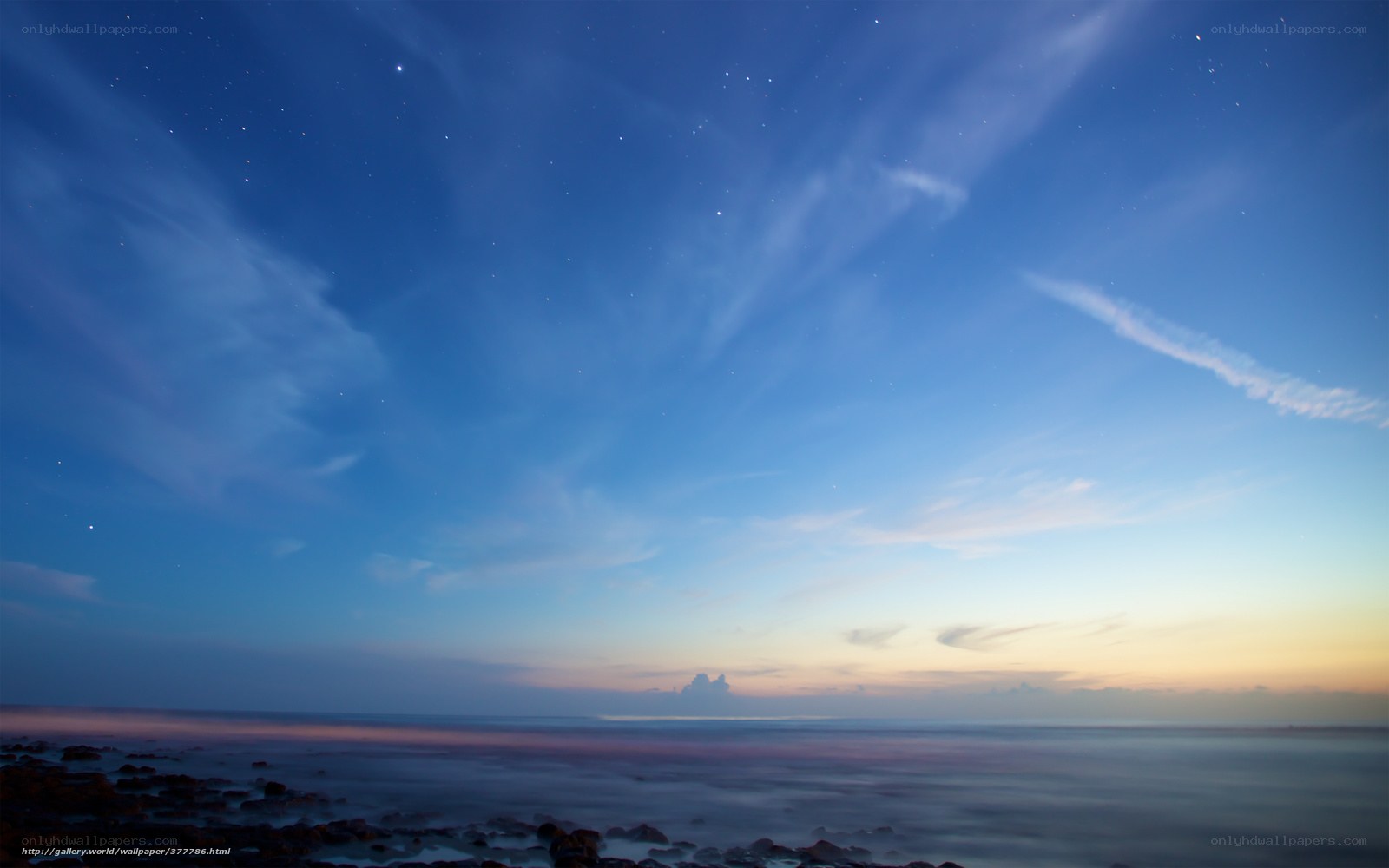 Starry night over rocky shore
