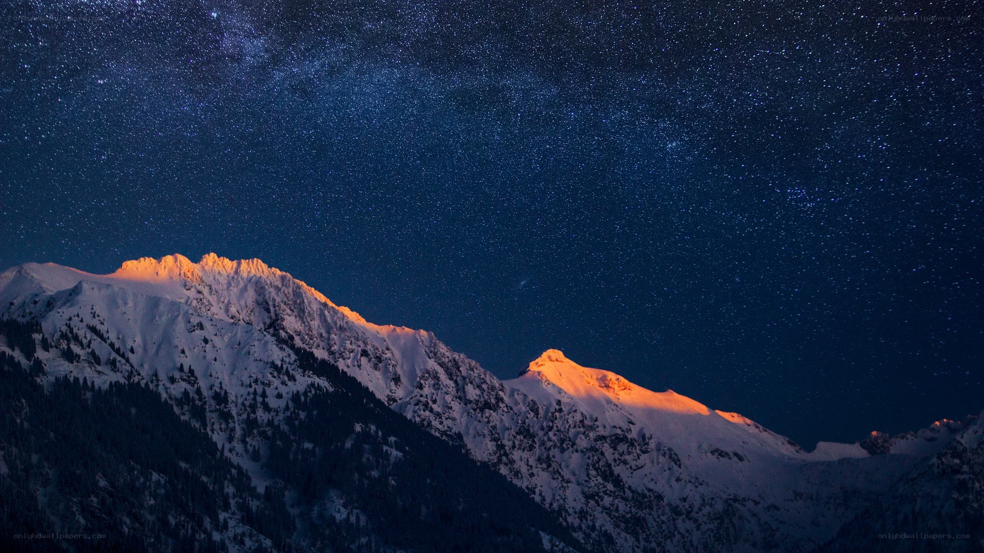 Starry night over snow-capped mountains