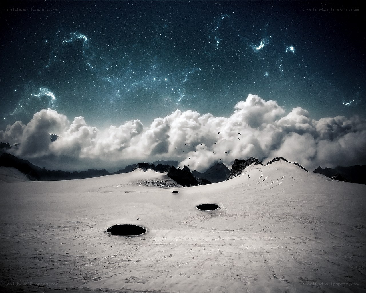 Starry night over snowy mountains