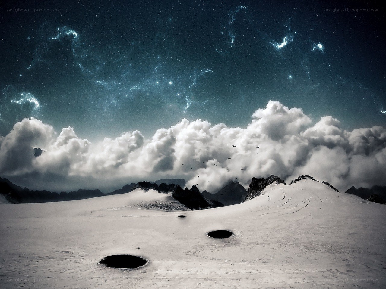 Starry night over snowy mountains