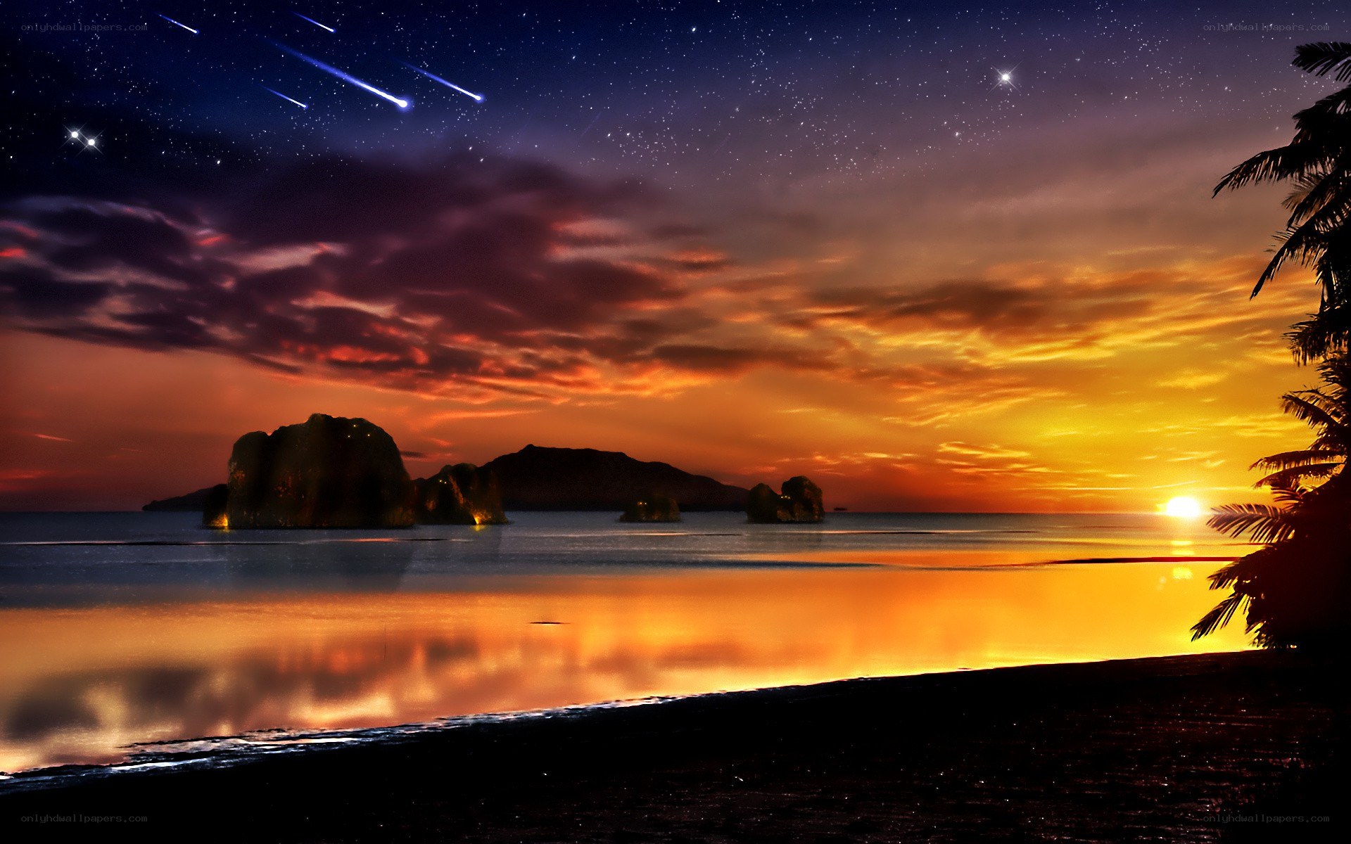 Starry night over tropical beach
