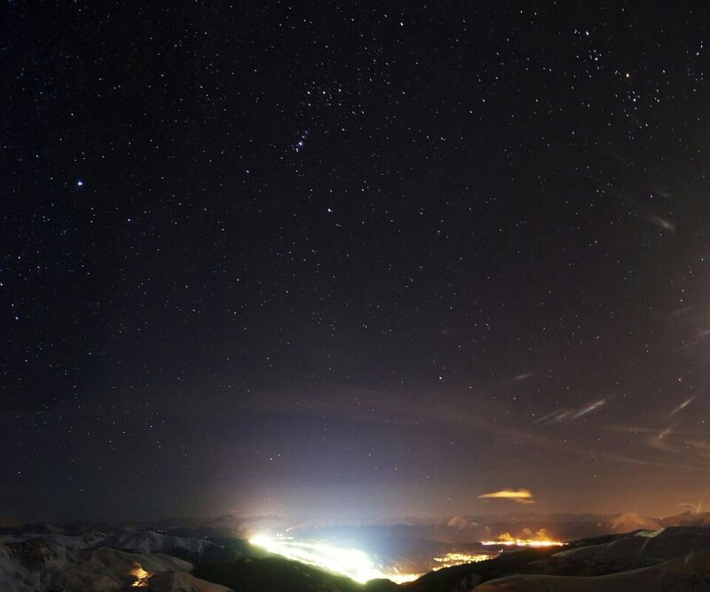 Starry Night Sky — Black, Serene, Photograph, Stars, Mountains, City Lights