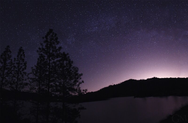 Starry Night Sky — Purple, Serene, Photograph, Trees, Mountain