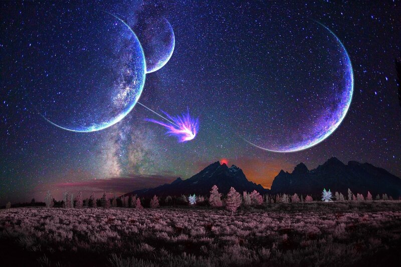 Starry night with alien planets